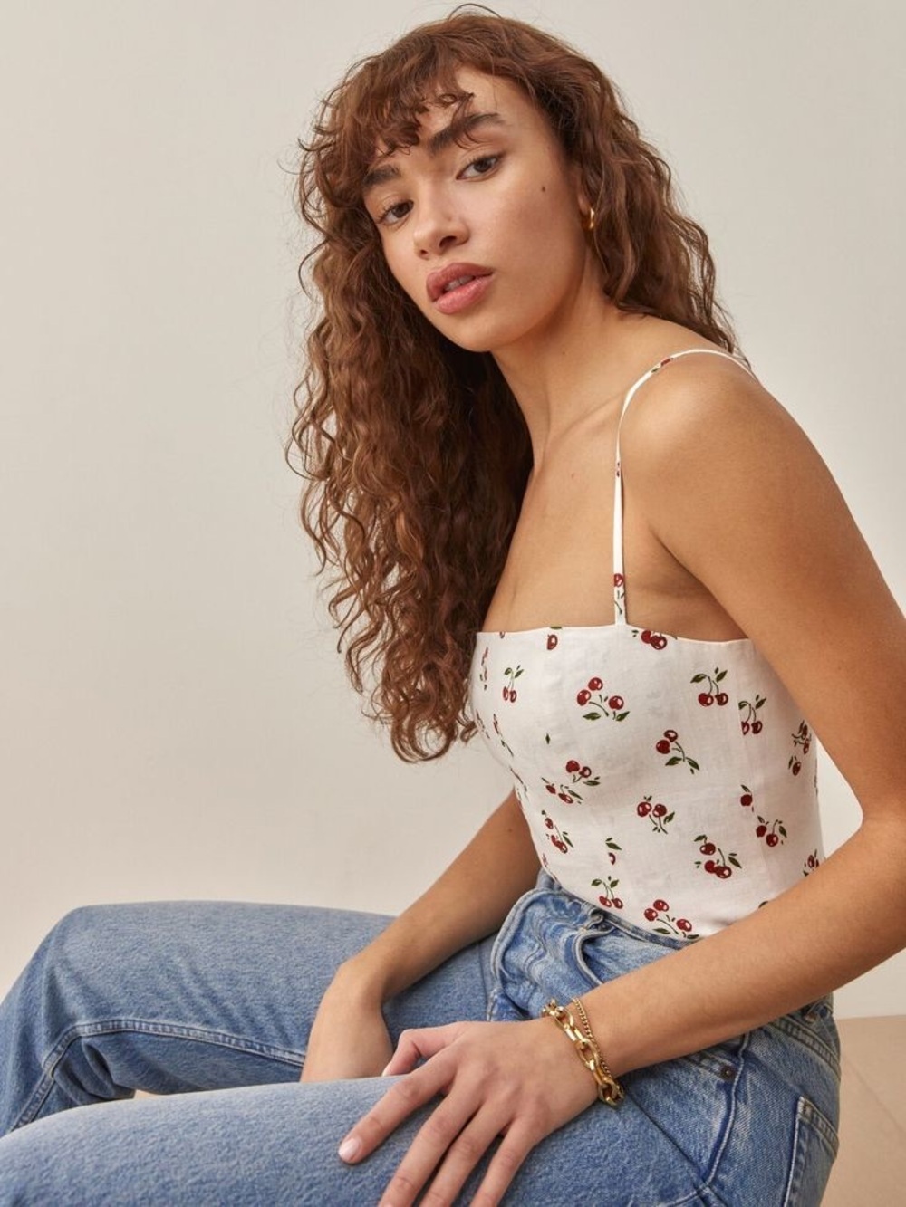 Reformation Overland Linen Top in Cherry Tank Zip Back Square Neck Printed
